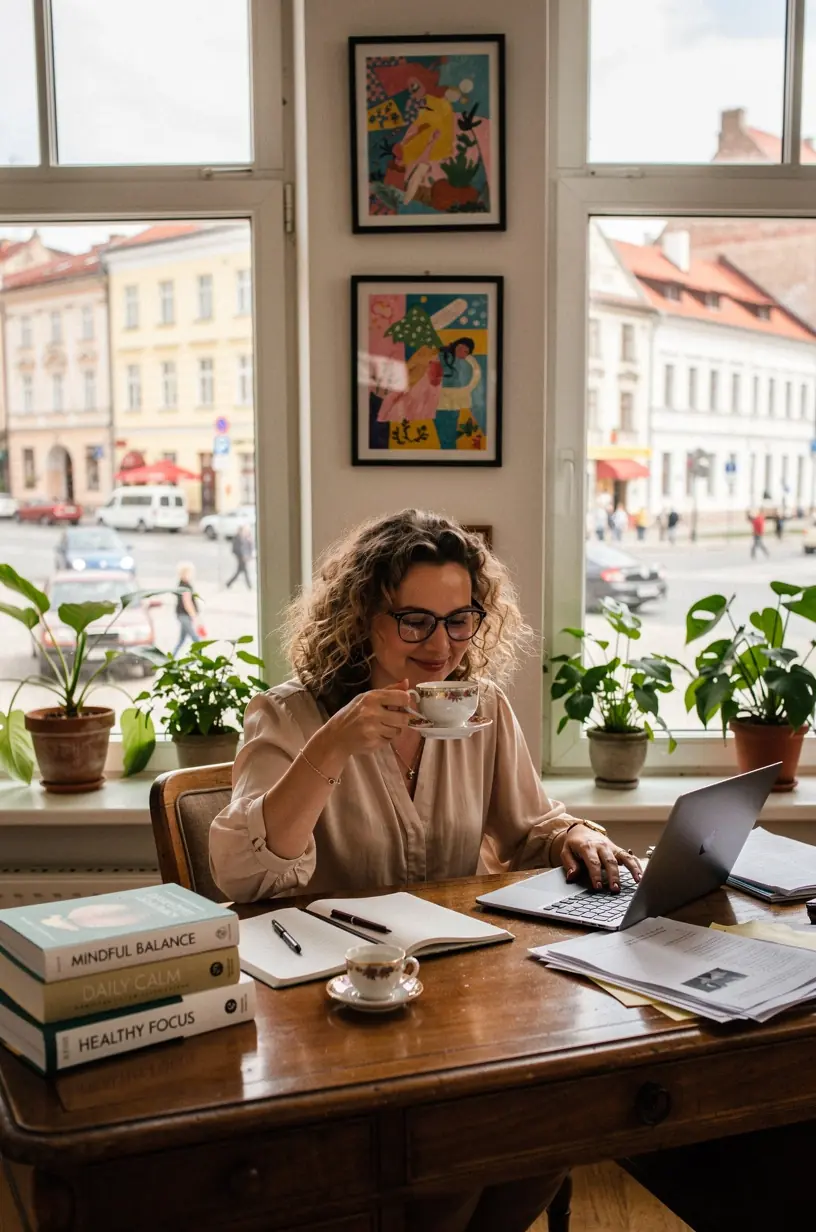 Švelni arbatos garų dūmų aura virš puodelio, perteikianti ramybės ir atsipalaidavimo jausmą.