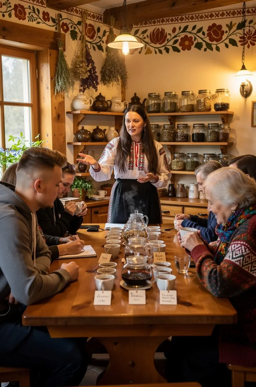 Mėlyna arbatos dėžutė su etiketėmis, nurodančiomis sveikatingumo naudą ir ramybės palaikymą.
