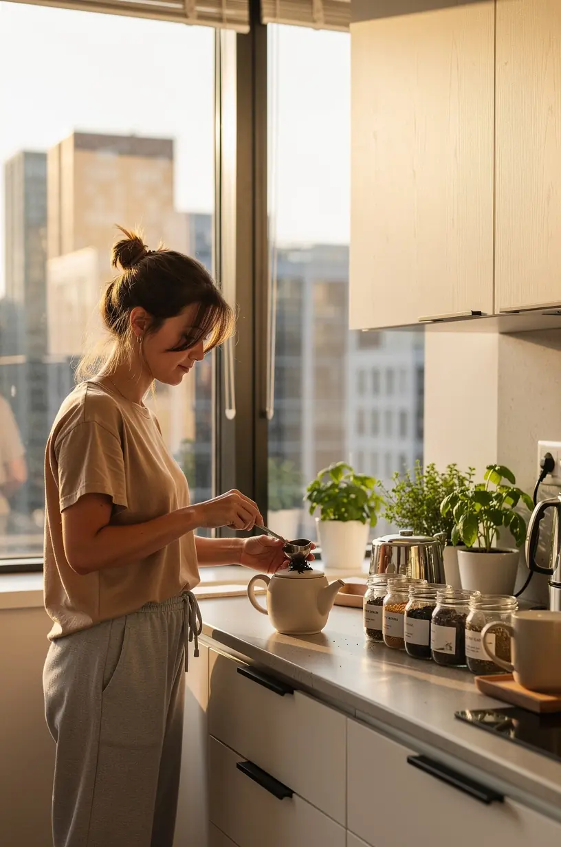Ramybingo arbatos puodelis ant medinio stalo su šviesiu fonu, simbolizuojantis ramybės akimirką.