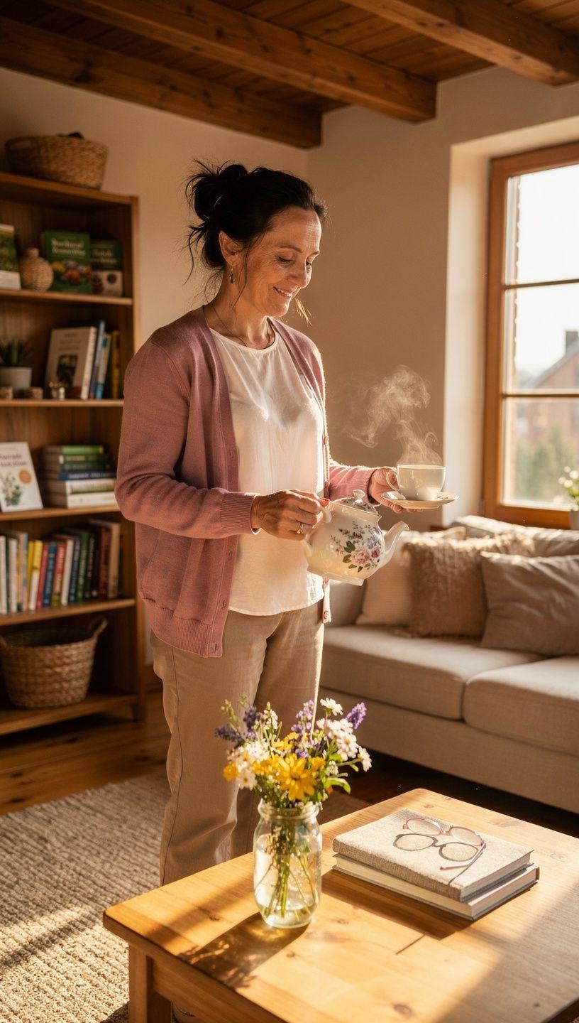 Ramus arbatos puodelis ant stalo šviesioje aplinkoje, simbolizuojantis atsipalaidavimą ir kasdienės gerovės palaikymą.